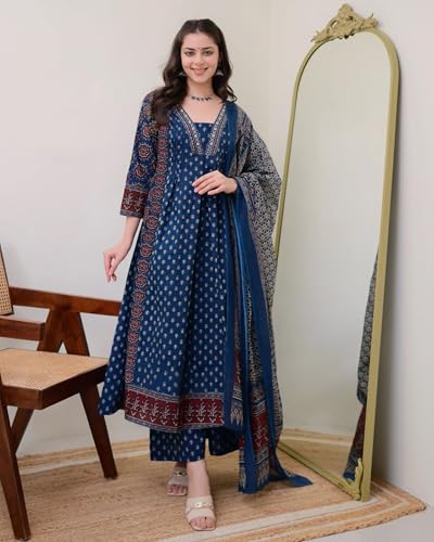 ANNI DESIGNER Women's Pure Cotton Anarkali Kurta Set for Women with Dupatta & Plazzo ?Hand Block Print Suit Set | Stylish Dress | Cotton Kurta Set for Women