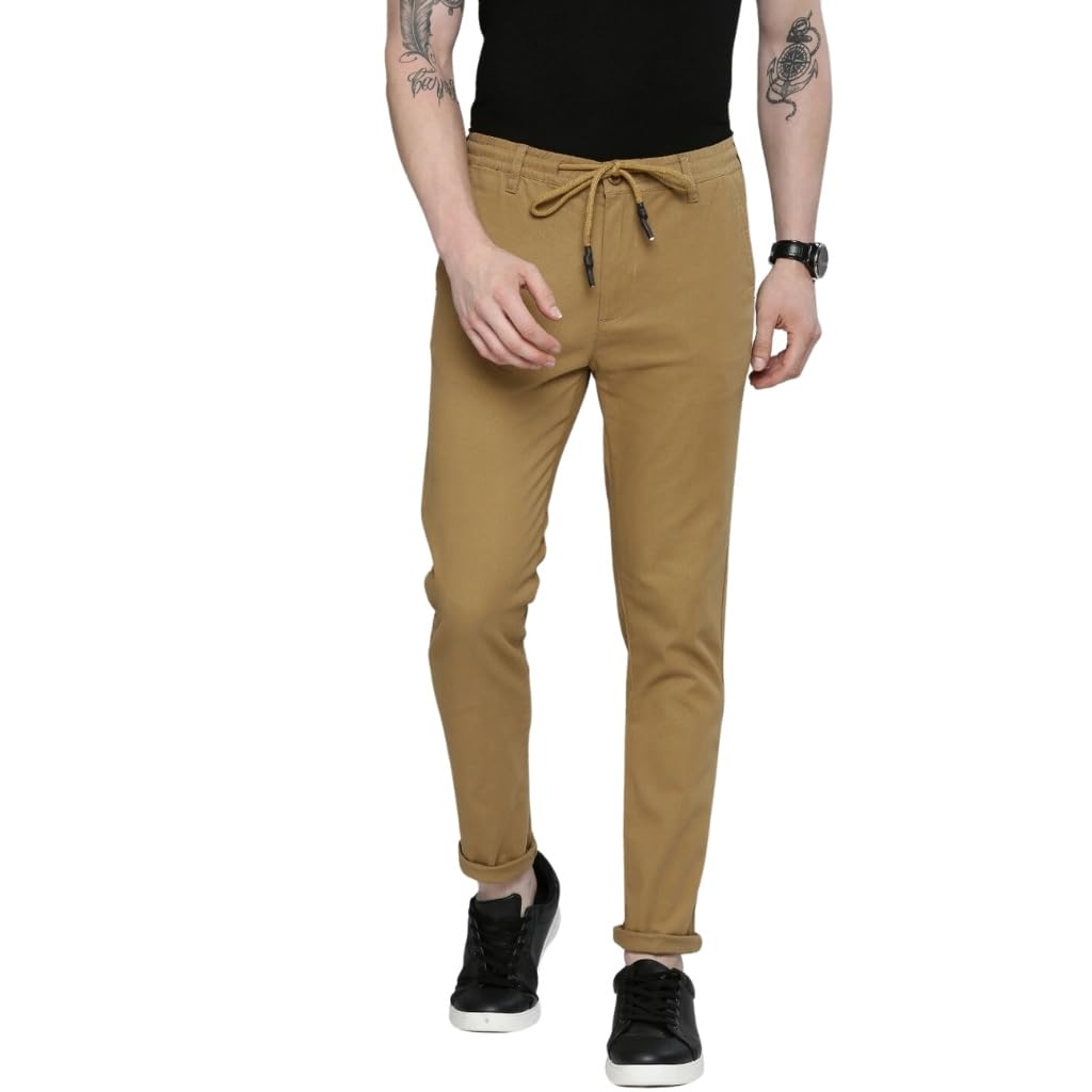 The Indian Garage Co Men Slim Fit Solid Mid-Rise Chinos Khaki