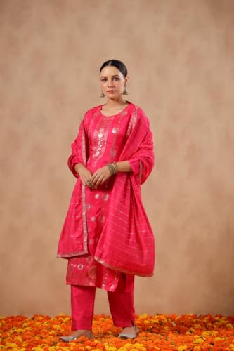 ishin Women's Poly Silk Self Design Fuchsia Straight Kurta Suit Set with Trousers and Dupatta
