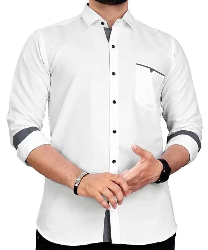 Tee Projekt Mens Regular Fit Solid Soft Touch Cotton Casual Shirt with Pocket Design with Spread Collar & Full Sleeves. White
