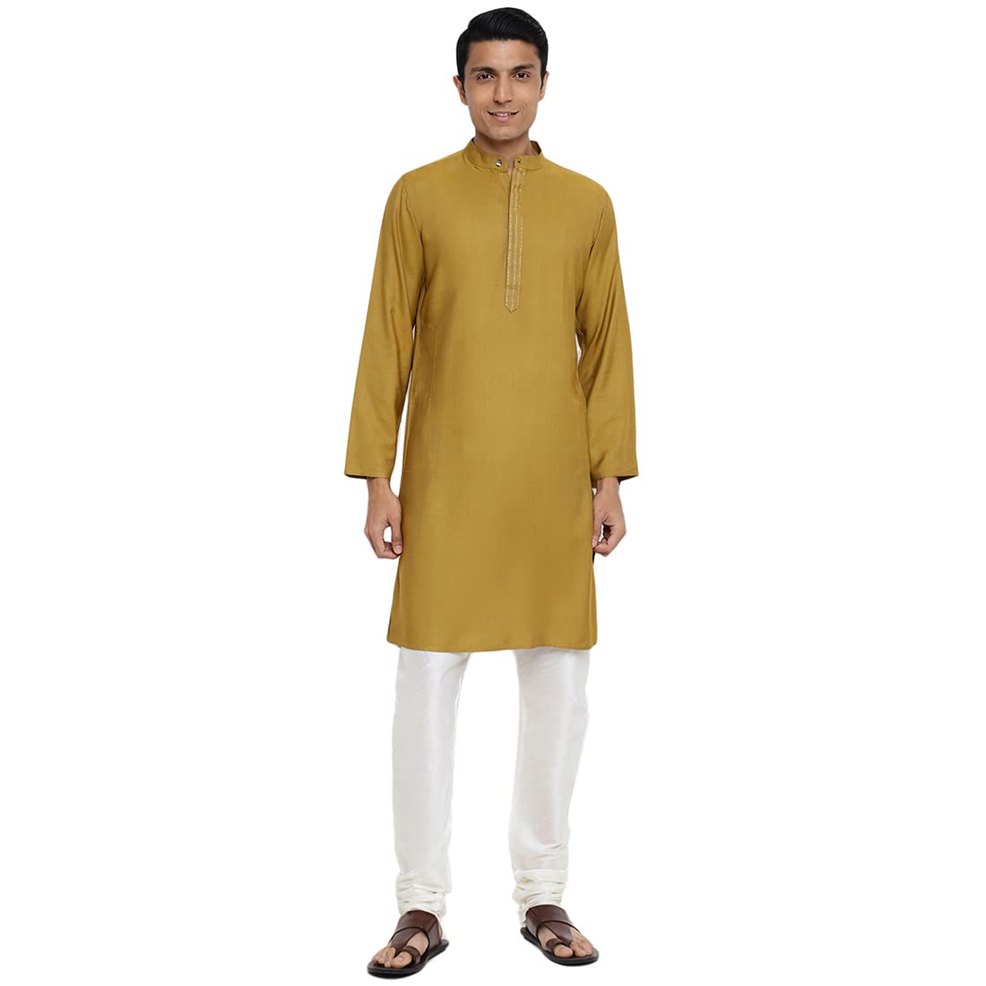 Fabindia Men Viscose Silk Long Kurta Slim Fit Green_L