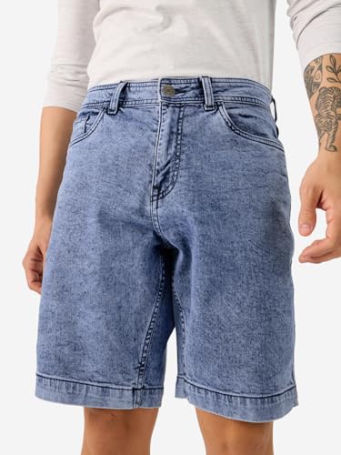 The Souled Store Denim: Blue Cloud Men and Boys Buttoned Regular Fit Cotton Blend Denim Shorts