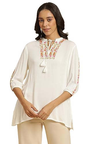 W Ecru Embroidered Rayon Tunic Top For Women