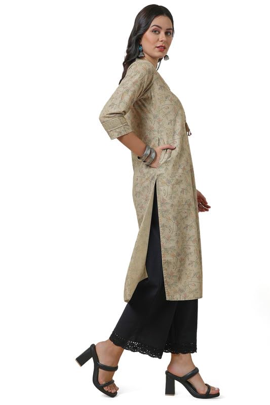 Soch Womens Beige Botanical Linen Blend Kurta with Tassels