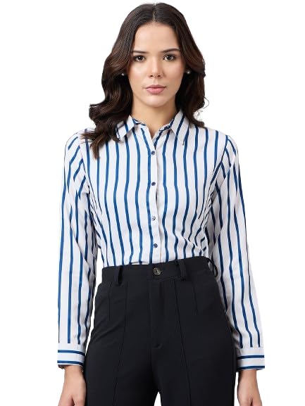 Style Quotient Women Navy and Off White Stripe Printed Polyester Regular Fit Formal Shirt