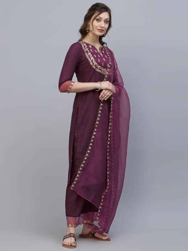 Sanisa Women's Embroidery Straight Kurta Set with Dupatta