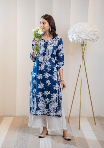 GoSriKi Women's Chikankari Straight Kurta, Rayon Blend, Size 44, Blue, Model SCEROS-CEROSIN-GS