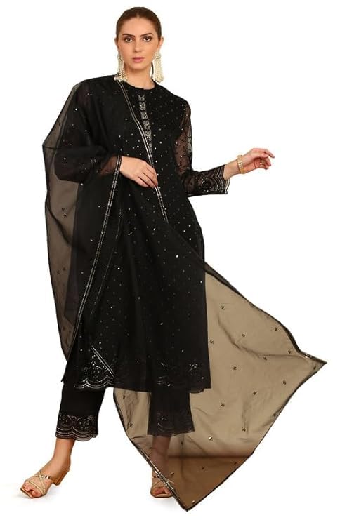 Soch Womens Black Sequinned Embellished Brocade Suit Set