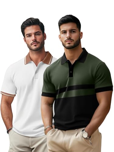 Veirdo Mens Pack of 2 100% Cotton Regular Fit Solid Plain Classic Polo Collar T-Shirt Short Sleeve Oli
