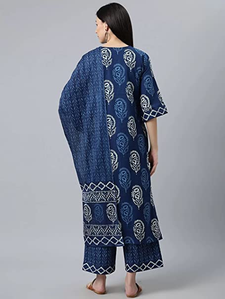 KLOSIA Women Indigo Block Printed Kurta Set with Dupatta