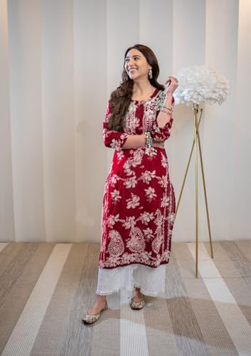 GoSriKi Women's Chikankari Kurta, Rayon Blend, Medium, Pink, Model SCEROS-CEROSIN-GS