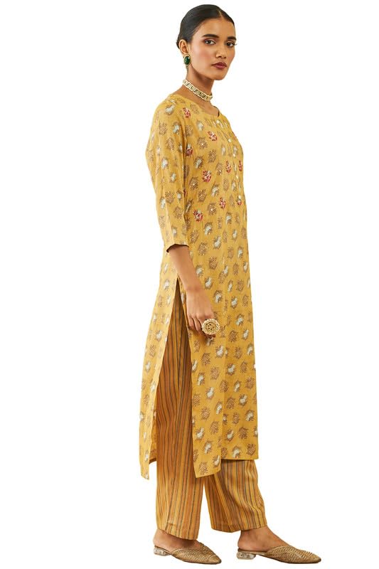Soch Womens Mustard Rayon Floral Print Round-Neck Straight Kurta Sets with Pocket
