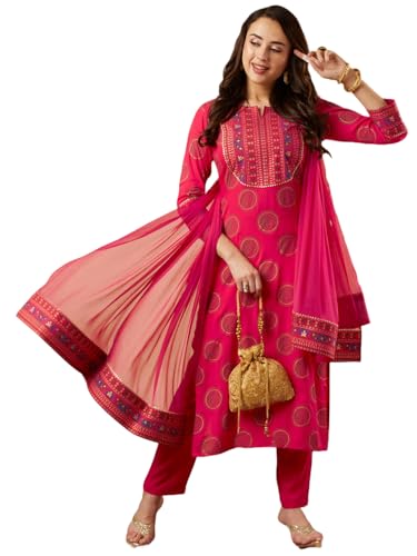 GoSriKi Womens Cotton Blend Printed Straight Kurta with Pant & Dupatta (NOV-Pink-GS_M_Pink_Medium)