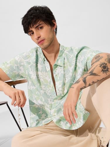The Souled Store Botany Men And Boys Short Sleeves Collared Neck Button Front Green All Over Printed Rayon Holiday Shirts