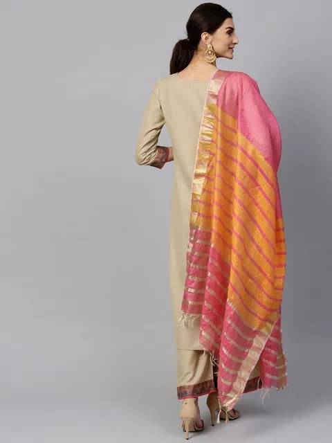 ANNI DESIGNER Women's Cotton Straight Solid Kurta with Pant & Dupatta (My Hit-Beige-Jan10)