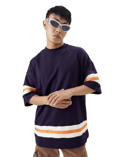 The Souled Store Originals: Iris Men and Boys Short Sleeve Round Neck Solid Purple Cotton Super Oversized T-Shirts