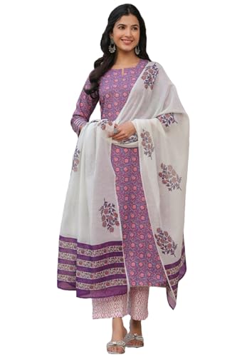 ANNI DESIGNER Womens Cotton Blend Straight Printed Kurta with Pant & Dupatta (Blockbuster Multi-NW_M_Multi_Medium) Multicolour