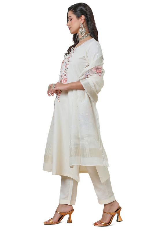 Soch Womens Cream Notched Neck Silk Blend Embroidered Suit Set