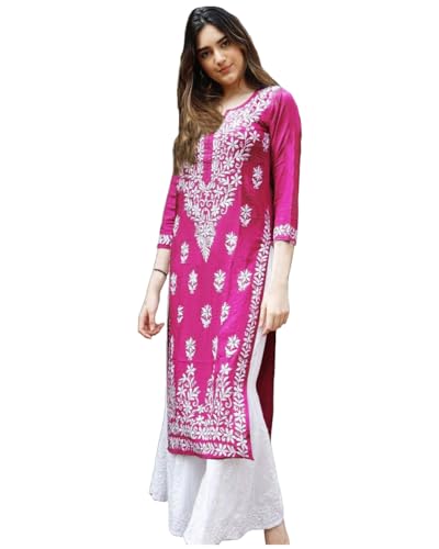 GoSriKi Womens Rayon Blend Straight Chikankari Embroidered Kurta (Victoria Pink-GS_M_Beige_Medium)
