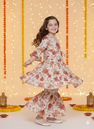 Naixa GirlS Rayon Floral Pattern Kurta Sharara Set With 3/4 Sleeve V- Neck Knee Length And Elastic Closure Type| Kurta Sharara