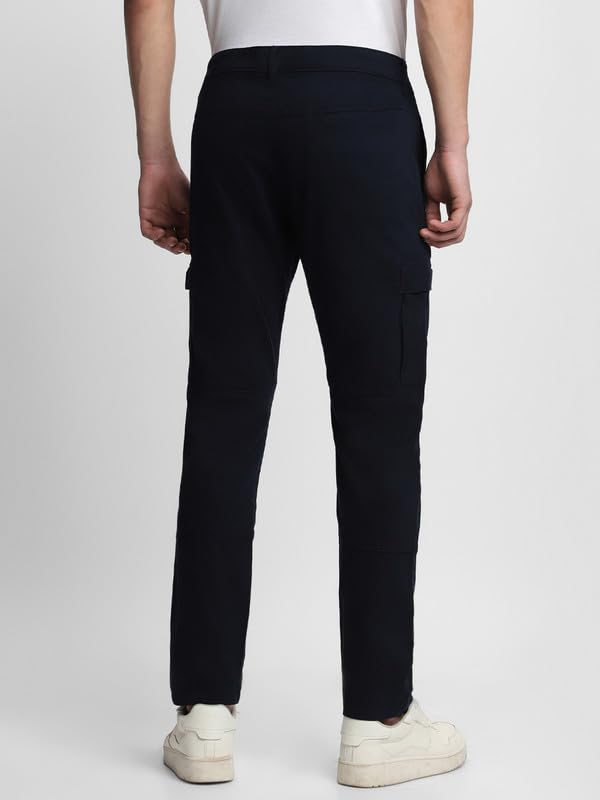 Dennis Lingo Mens Cotton Lycra Full Length Solid Slim Fit Cargo Trousers Navy