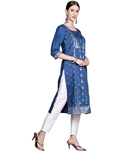 Ziyaa Women's Blue Chinon Straight Kurta And Pant Set(ZIKUCH3791ANDPA)