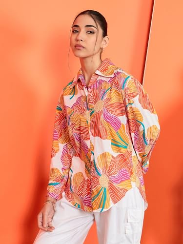 Sugathari Womens Orange Print Sunset Floral Oversized Cotton Shirt Casual Vacation Wear with Balloon Sleeves & Button-Down Fro