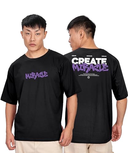KYDA Mens Oversized 100% Cotton Round Neck Front and Back Printed Tshirt (Pack of 1) Black