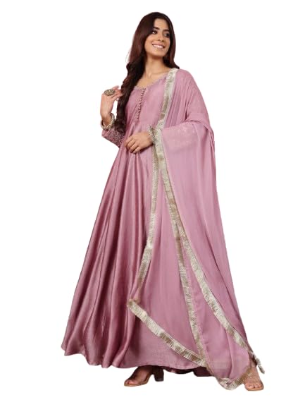 Varanga Women Mauve V Neck Embroidered Kurta With Tonal Sequence Net Dupatta