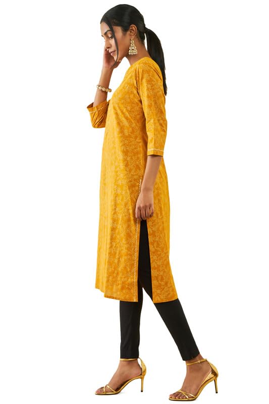 Soch Womens Cotton Floral Print Straight Kurta with Gotta Patti Work