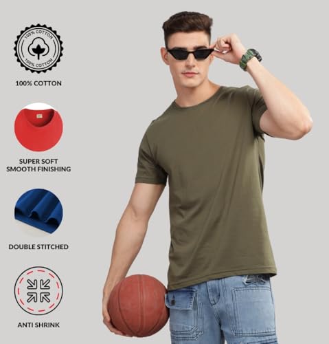 ADRO Men's Solid Regular Fit T-Shirt (RCM3-PLN-MU-OL-BE_Mustard,Olive,Beige