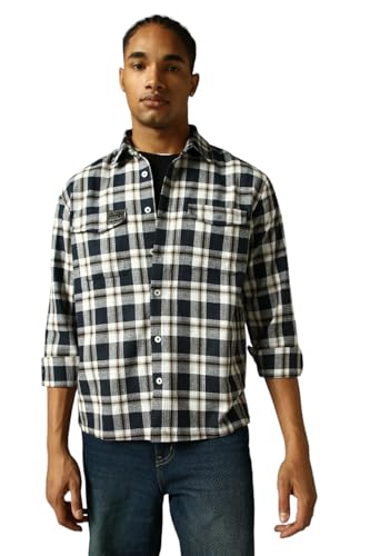 Hubberholme Men Check Cotton Oversized Fit Collar Long Sleeve Shirts 15 Navy