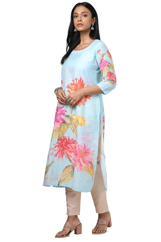 Soch Womens Powder Blue Muslin Floral Print Kurta with Mirror Work