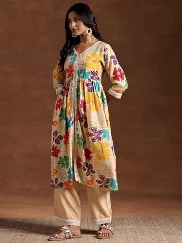 Libas Beige Printed Silk Blend A-Line Kurta With Palazzos