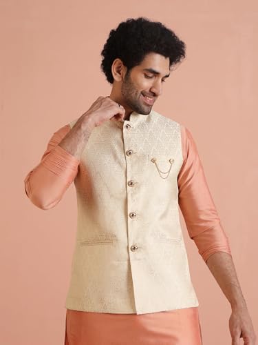 Kisah Men Tan Color Woven Design Nehru Jacket Ethnic Festive Waistcoat Cotton, Regular Fit