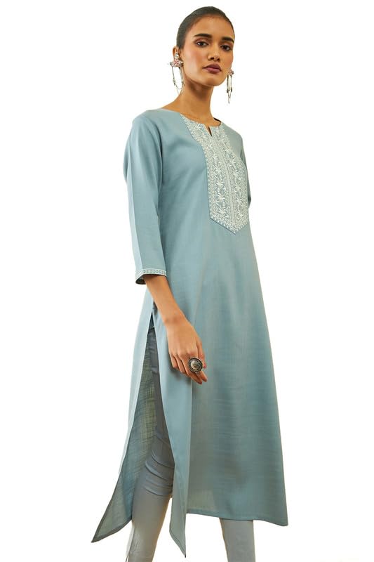 Soch Womens Pink Rayon Floral Embroidered Yoke Straight Kurta with Pocket
