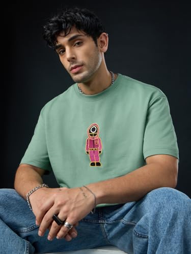 The Souled Store Squid Games: Soldier Men and Boys Short Sleeves Round Neck Green Embroidered Cotton Oversized T-Shirts