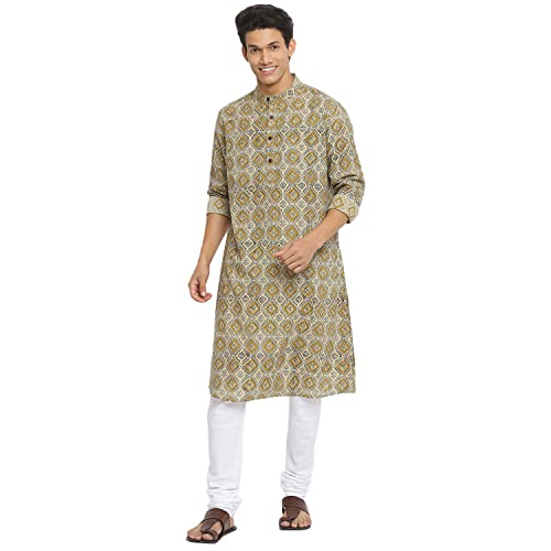 Fabindia Men Collar Cotton Printed Long Kurta Chinese_Xxl Multicolour