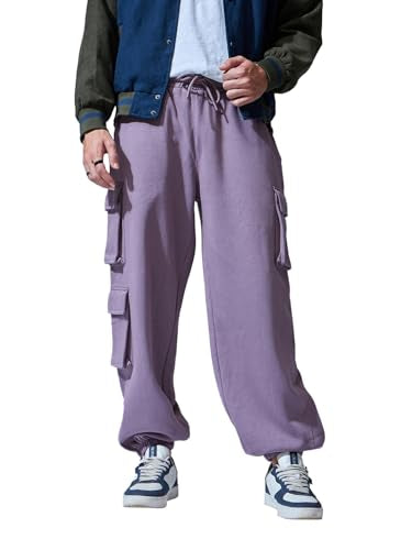 Bewakoof Mens Solid Super Loose Fit Terry Cargo Joggers_604163_Purple_M