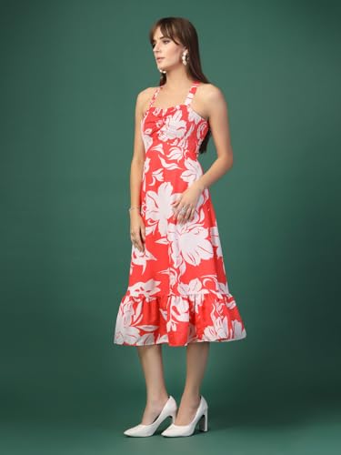 OOMPH! Womens Western & Fusion wear Printed Crepe Dress for Women, Smocked Bodice, Red - md1050