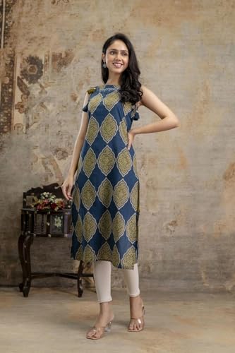 Stylum Womens Ethnic Printed Cotton Straight Kurta Blue