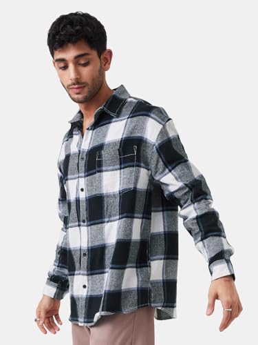 The Souled Store Plaids: Black, White Men And Boys Long Sleeves Collared Neck Button Front Cotton Relaxed Shirts