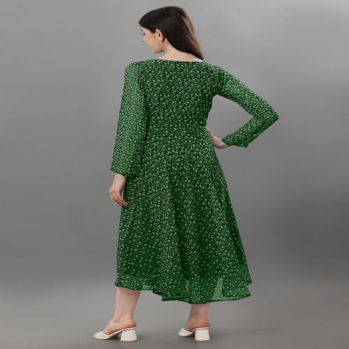 Trillmixa Georgette Floral Printed Full Sleeve V Neck Maxi-Length Fit & Flare Long Dress For WomenS (T-Mansi) Green