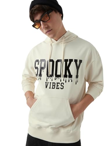 Bewakoof Heavy Duty 1.0 Mens Typography Oversized Fit Full Sleeve Hooded Fleece Hoodies_651053_Beige_S