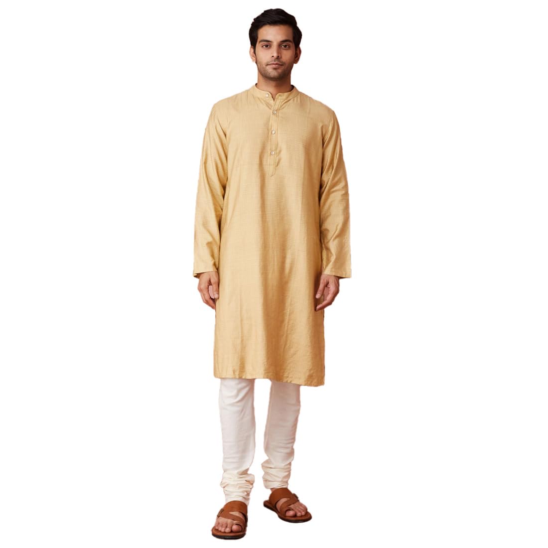 Fabindia MenS Viscose Blend Checks Comfort Fit Kurta (1039007Beige_Beige