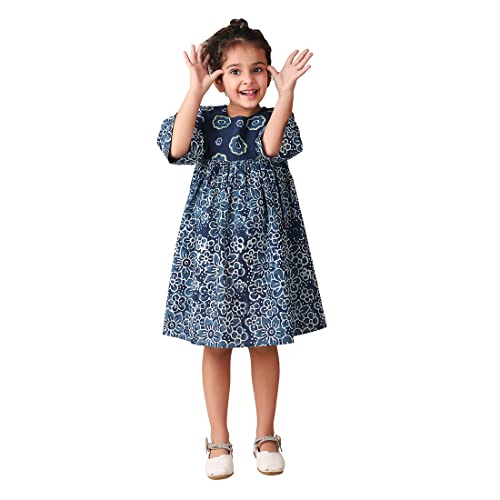 Fabindia GirlS Indigo Cotton Printed Flared Dress Knee-Length 102873501