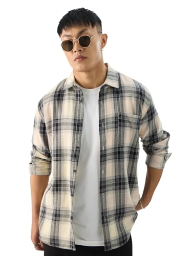 The Souled Store Plaid: Waffle Black Men And Boys Long Sleeve Collared Neck Button Front Regular Fit Cotton Shirts