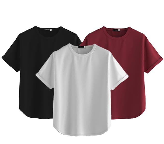 Juneberry Pure 100% Cotton Oversized Loose Baggy Fit Round Neck With Drop Shoulder White & Maroon & Black Half Sleeves Boyfriend