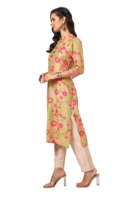 Soch Womens Light Green Muslin Blend Floral Print Kurta With Tassels