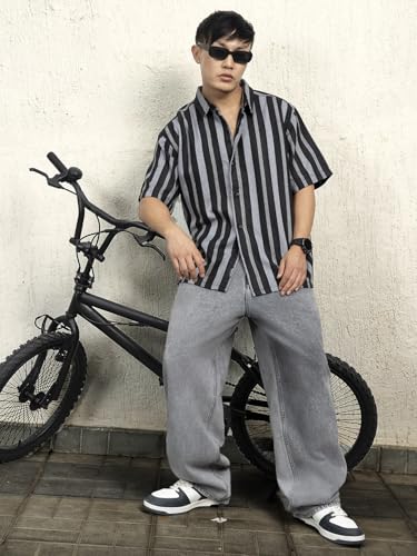 Hubberholme Men Cotton Short Sleeves Oversized Striped Shirt 14 Multicolour